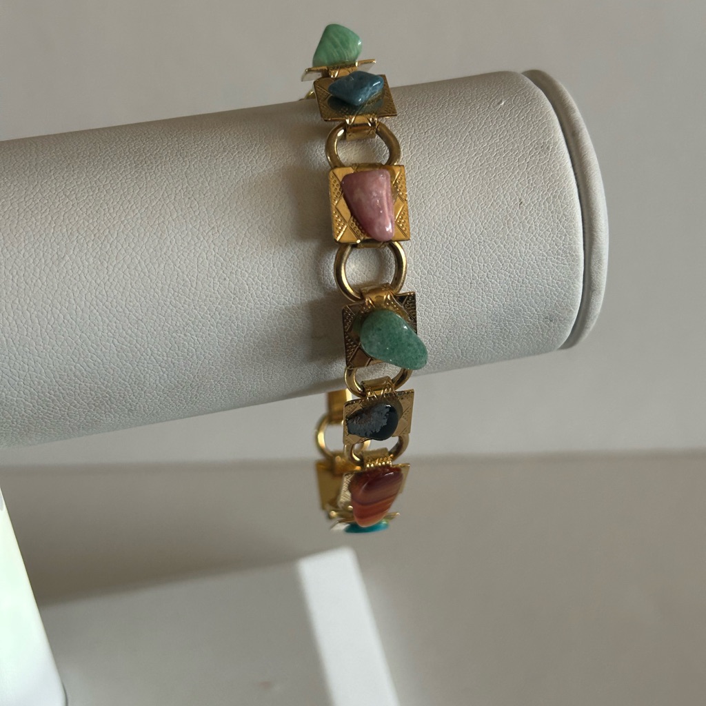 Vintage 1960s Gold Tone Multi Colored Genuine Gemstones Souvenir Bracelet